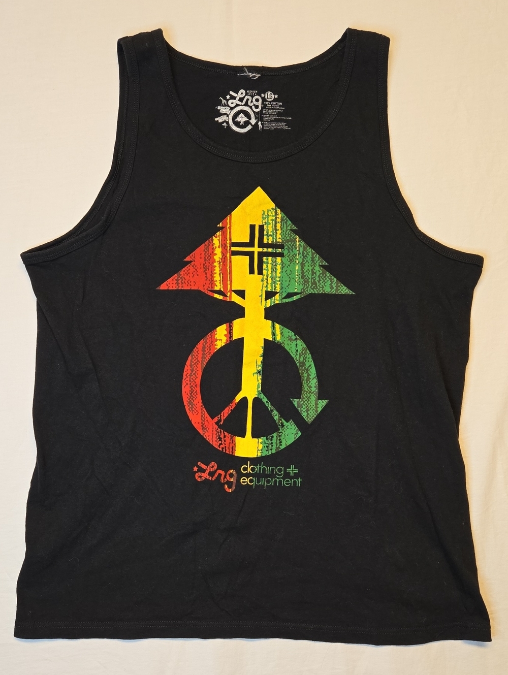 LRG Black Tank Top with Red, Yellow & Green Rasta Peace Graphic Vintage Y2K